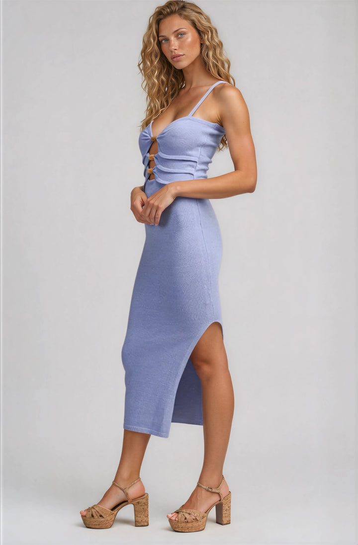 lavender midi dress with beaded detail for vacation