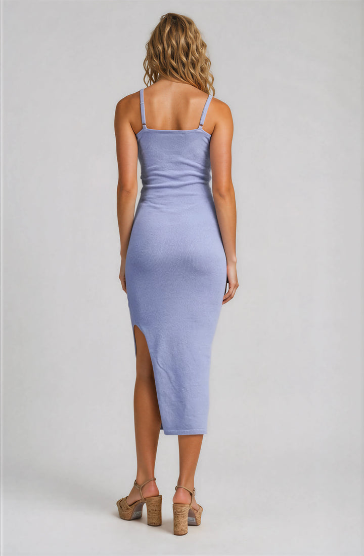 lavender midi dress with beaded detail for vacation back view