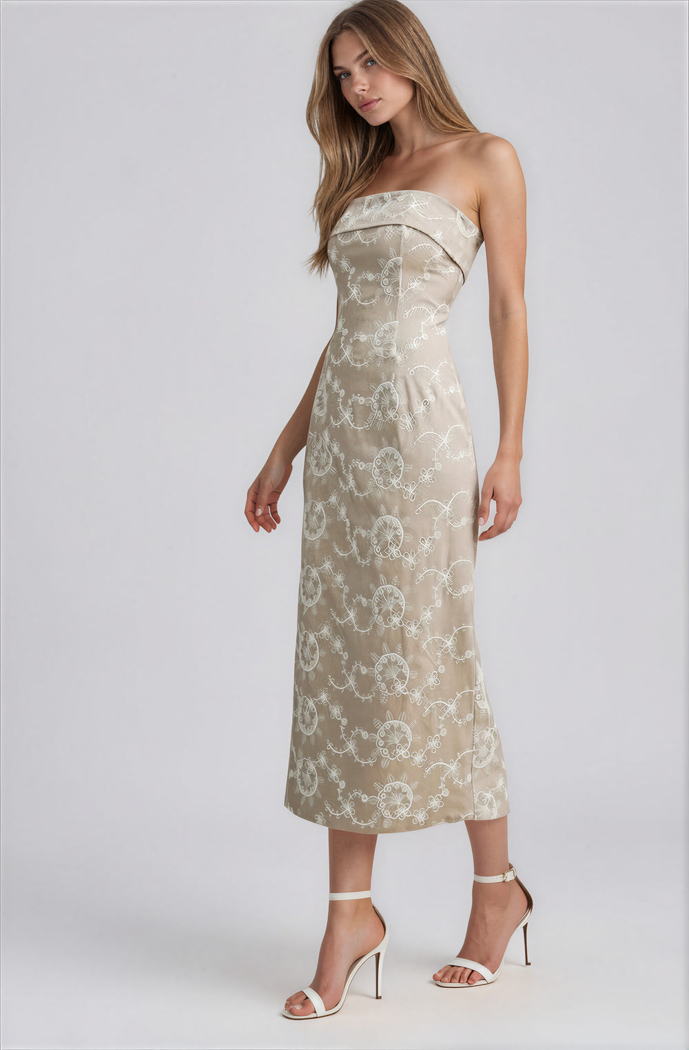 strapless beige midi dress with white embroidered pattern and back slit for weddings