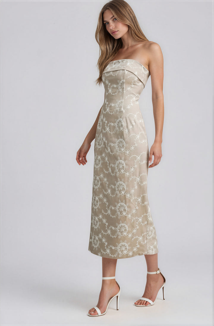 strapless beige midi dress with white embroidered pattern and back slit for weddings