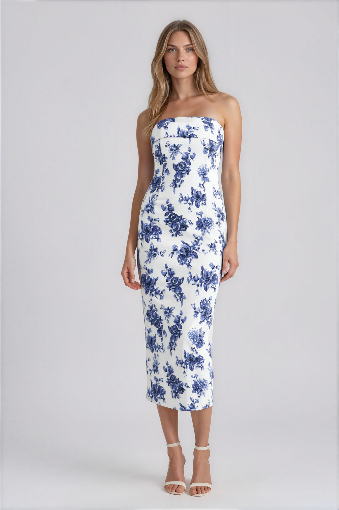 white and blue floral strapless midi dress for summer events