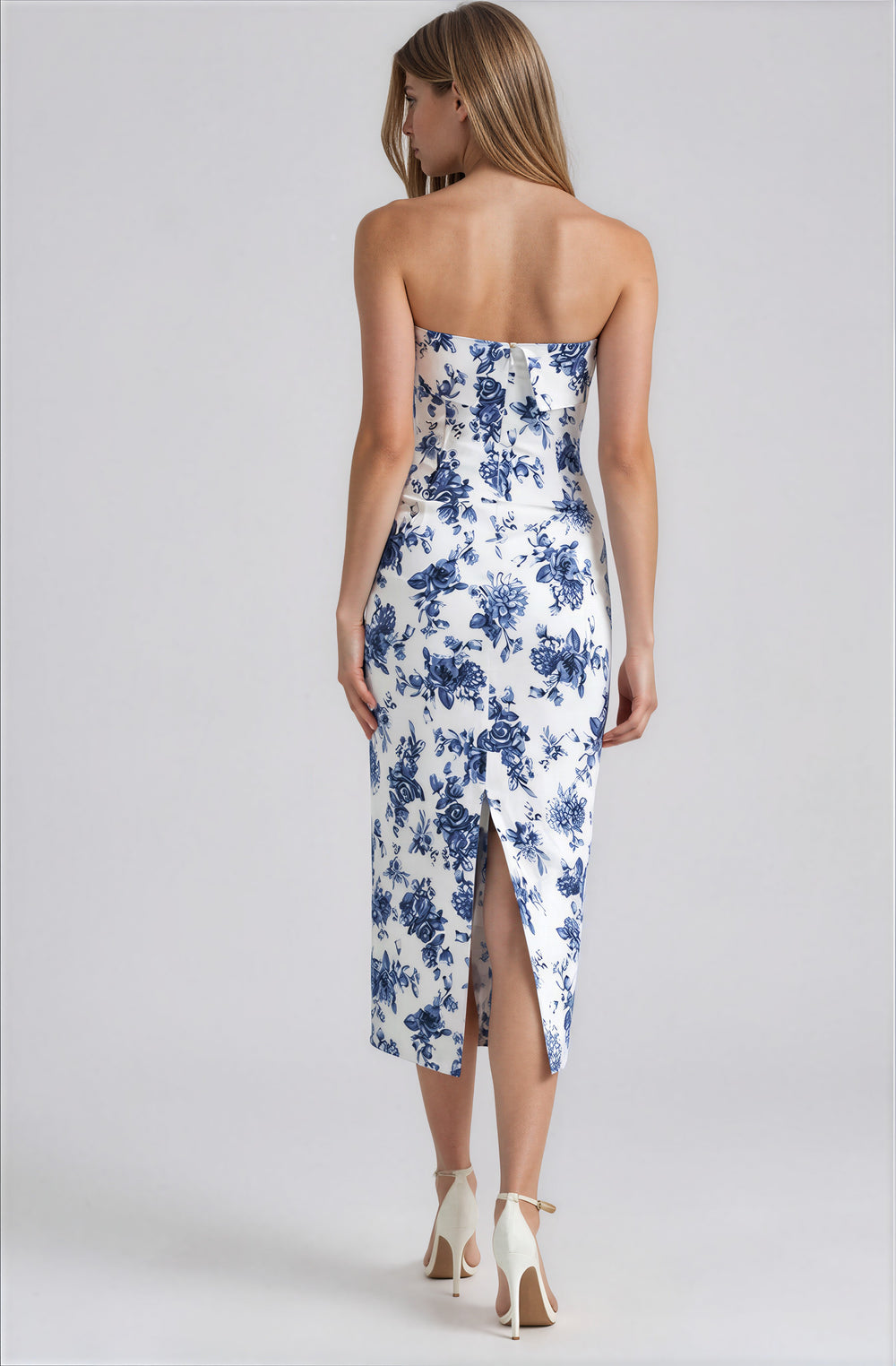 white and blue floral strapless midi dress for summer events with back slit