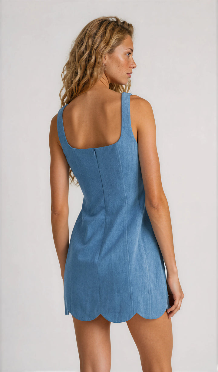 sleeveless denim mini dress with front buttons and scalloped hemline