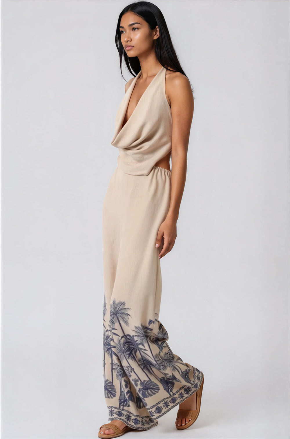beige halter jumpsuit with palm tree print