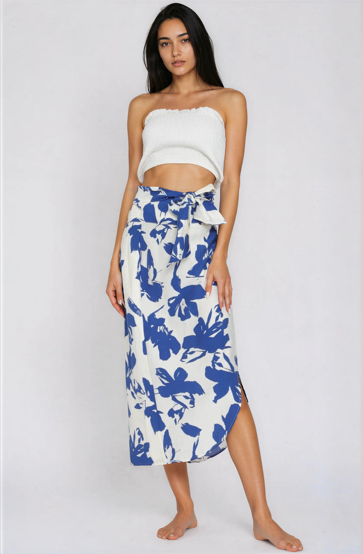 Mandy Blue Floral Wrap Midi Skirt on model, high-waisted with adjustable tie.