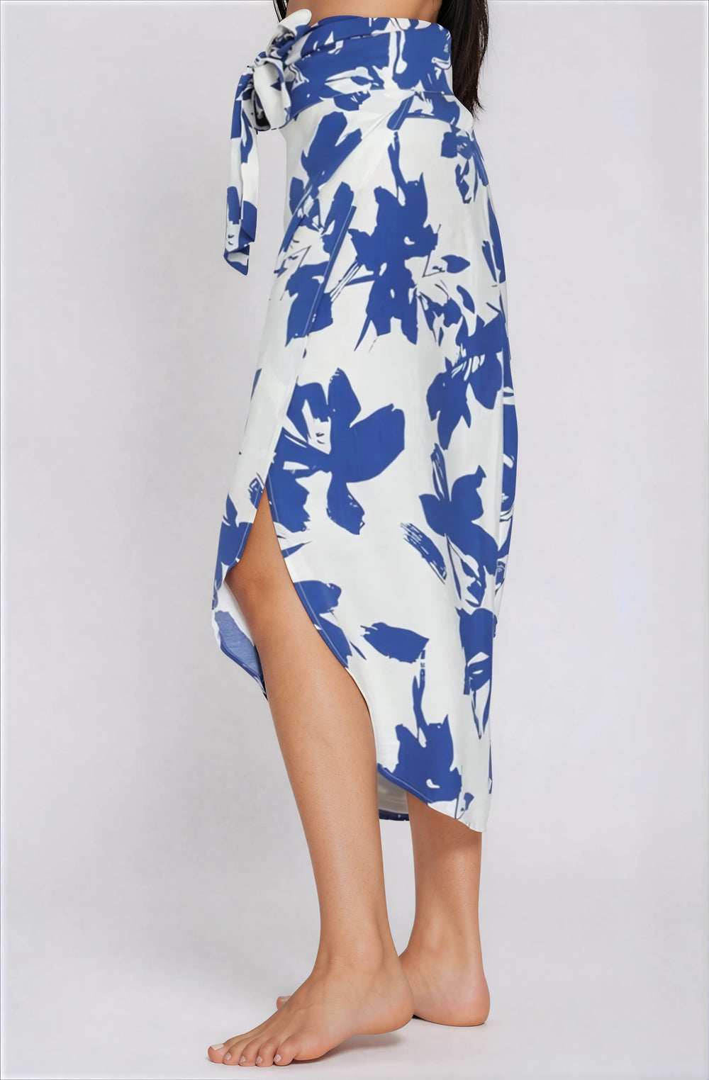 Mandy Blue Floral Wrap Midi Skirt on model, high-waisted with adjustable tie.
