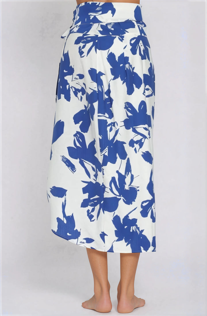 Mandy Blue Floral Wrap Midi Skirt on model, high-waisted with adjustable tie.