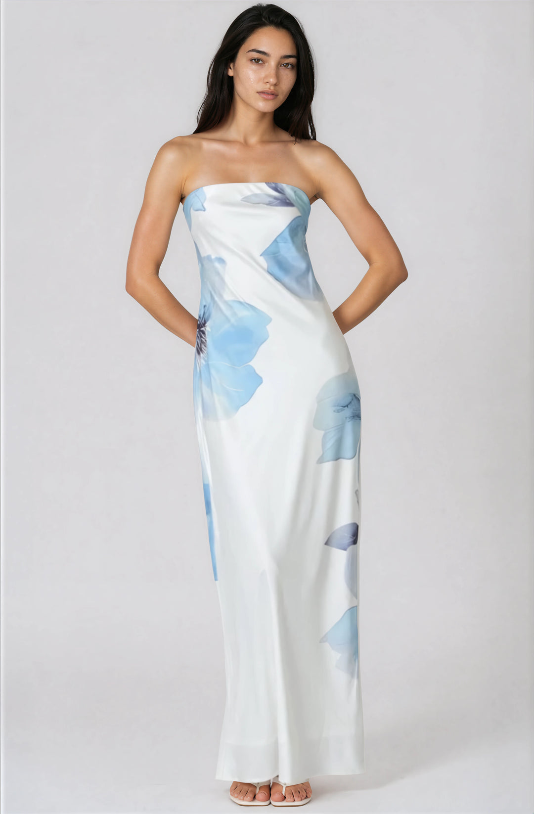 white strapless satin maxi dress with blue flower print