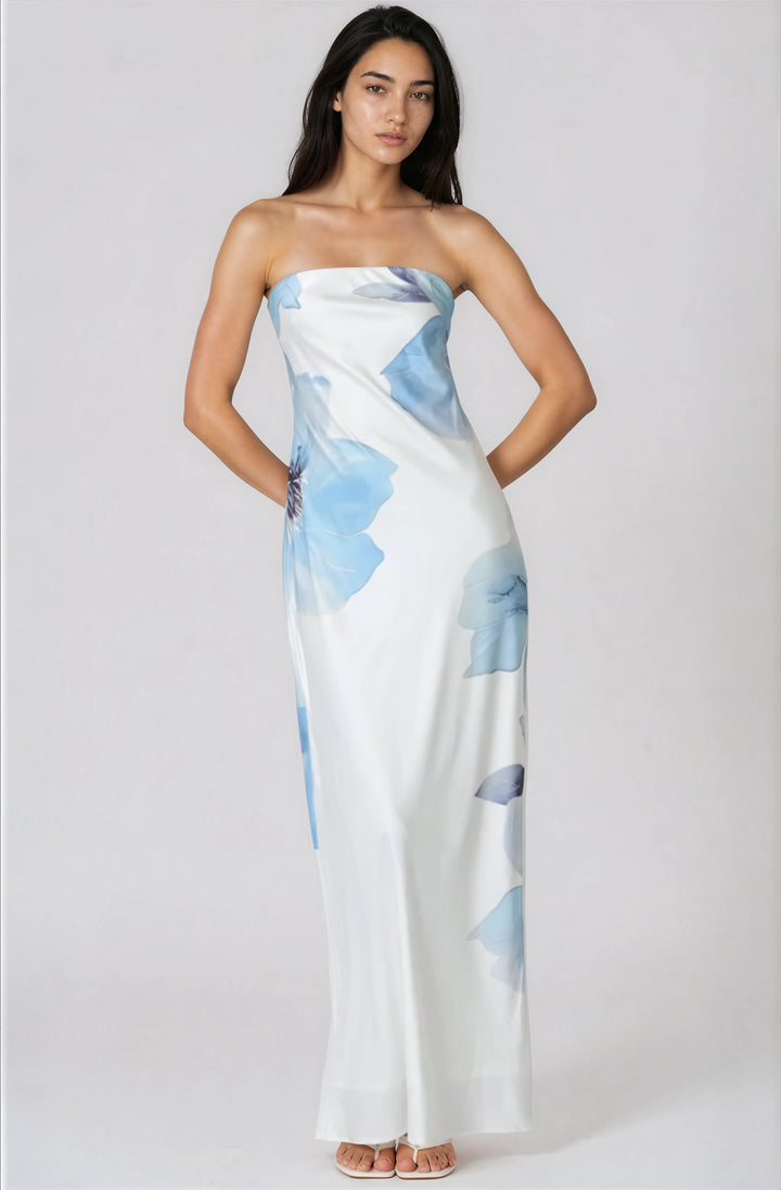 white strapless satin maxi dress with blue flower print