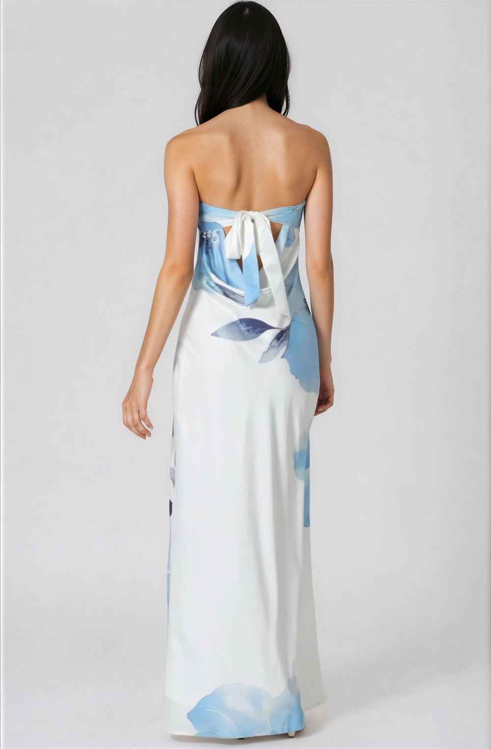 white strapless satin maxi dress with blue flower print