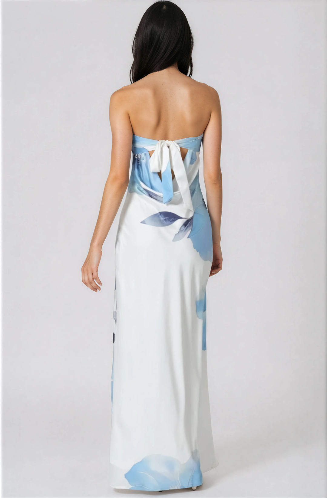 white strapless satin maxi dress with blue flower print