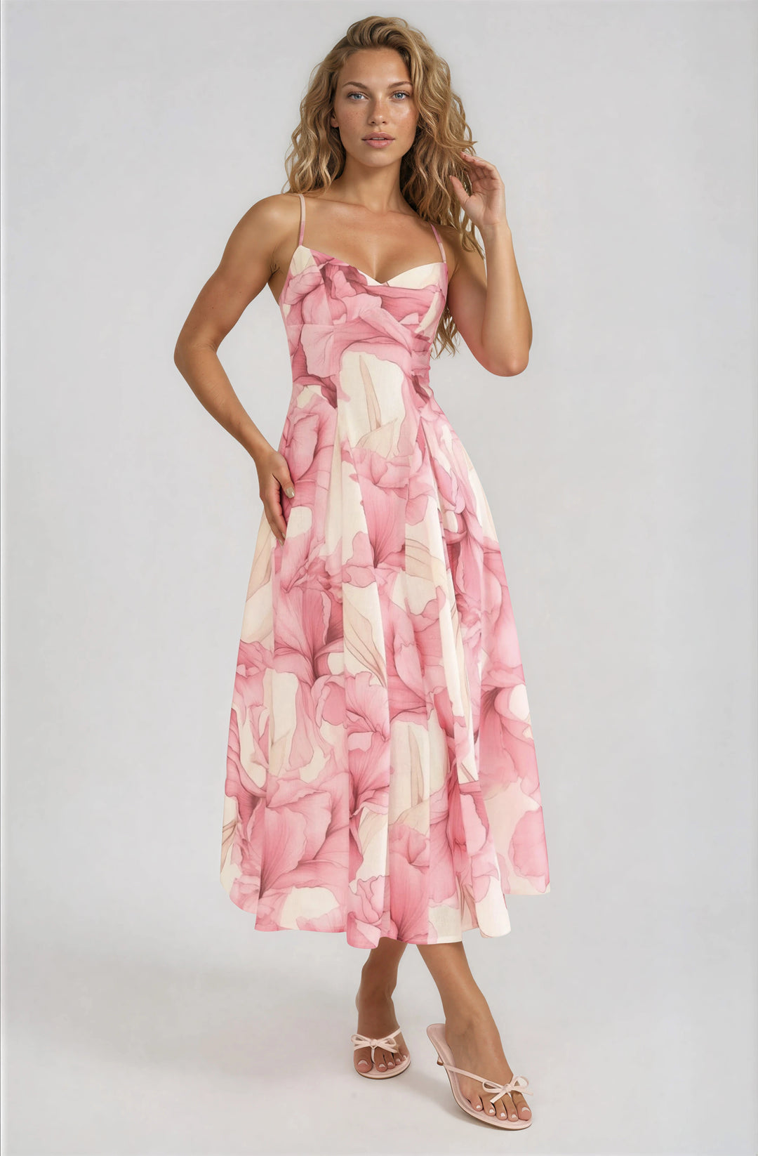 pink and white floral midi dress for summer parties
