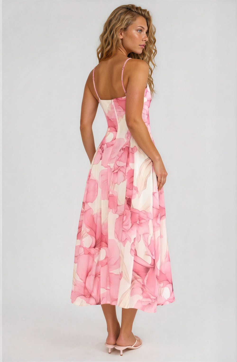 pink and white floral midi dress for summer parties back view