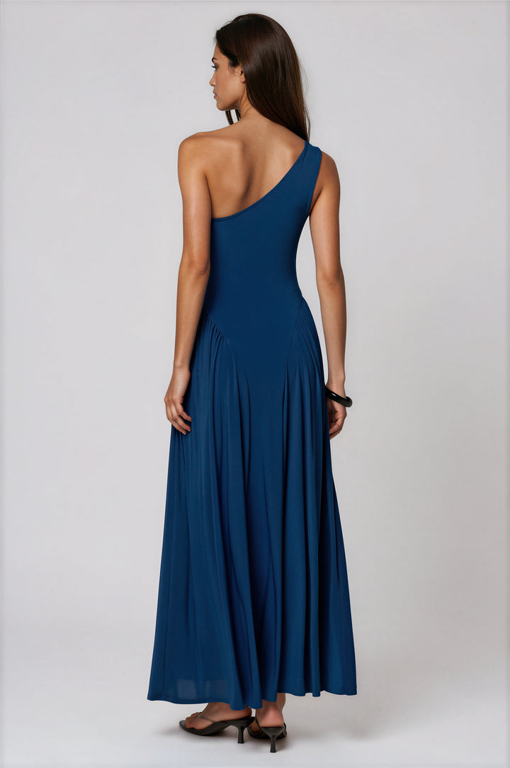 Blue one-shoulder maxi dress with asymmetrical neckline and flared skirt