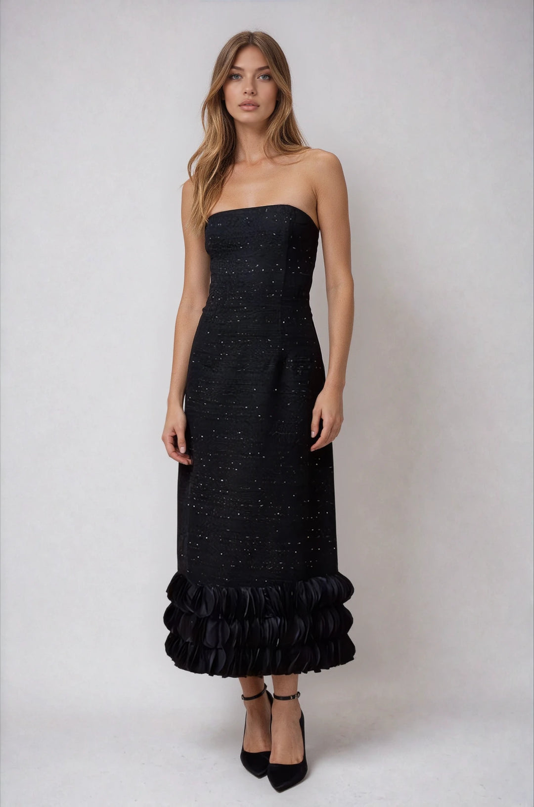 Black Strapless Tweed Midi Dress with Ruffled Hem Black Strapless Tweed Midi Dress with Ruffled Hem