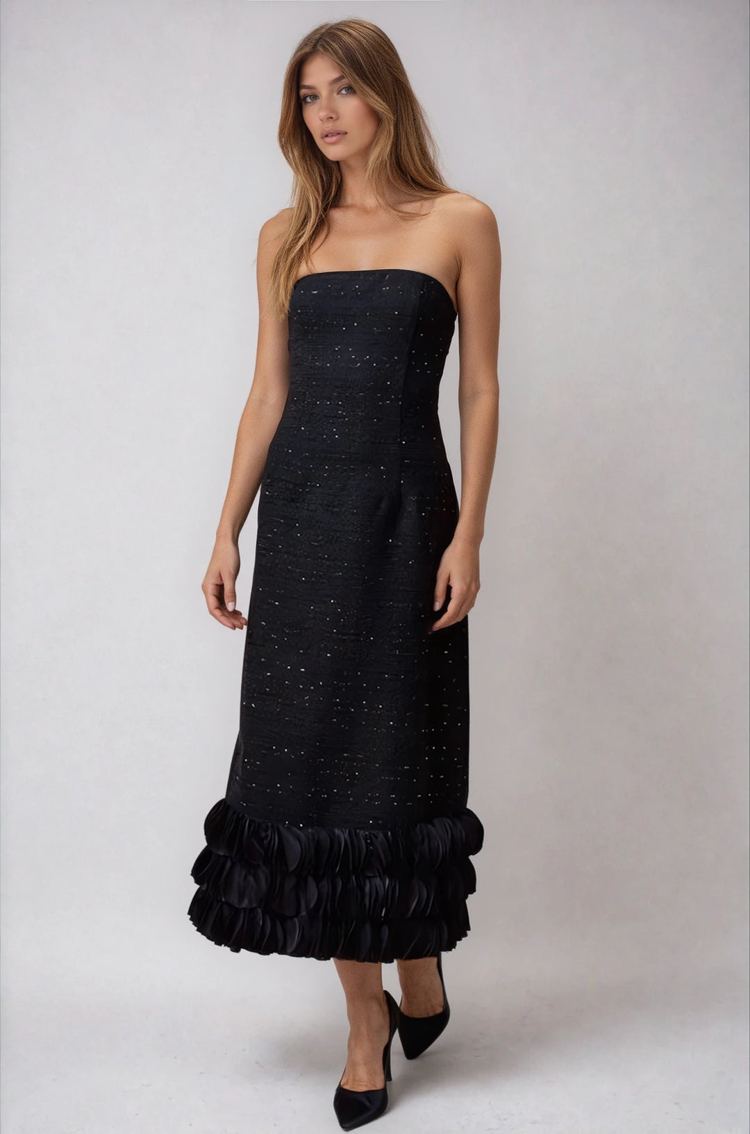 Black Strapless Tweed Midi Dress with Ruffled Hem