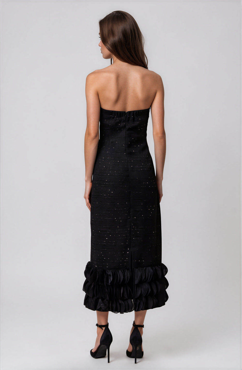 strapless black tweed midi dress with ruffled hem for events back view