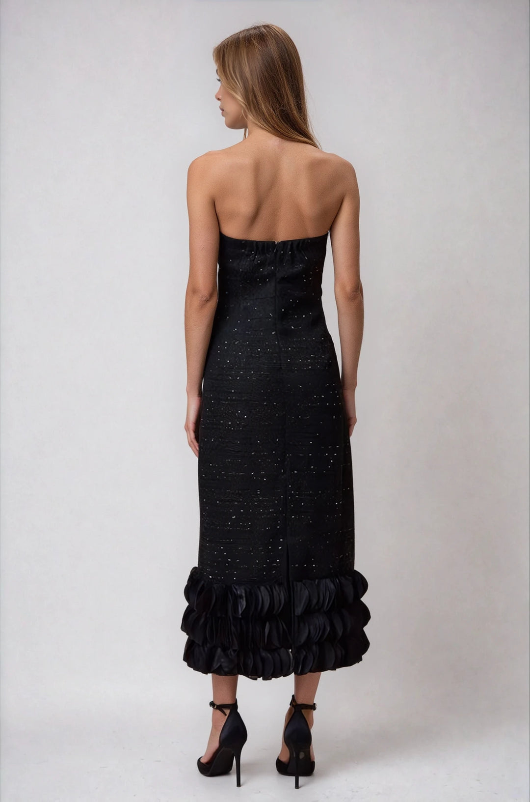 Black Strapless Tweed Midi Dress with Ruffled Hem Black Strapless Tweed Midi Dress with Ruffled Hem