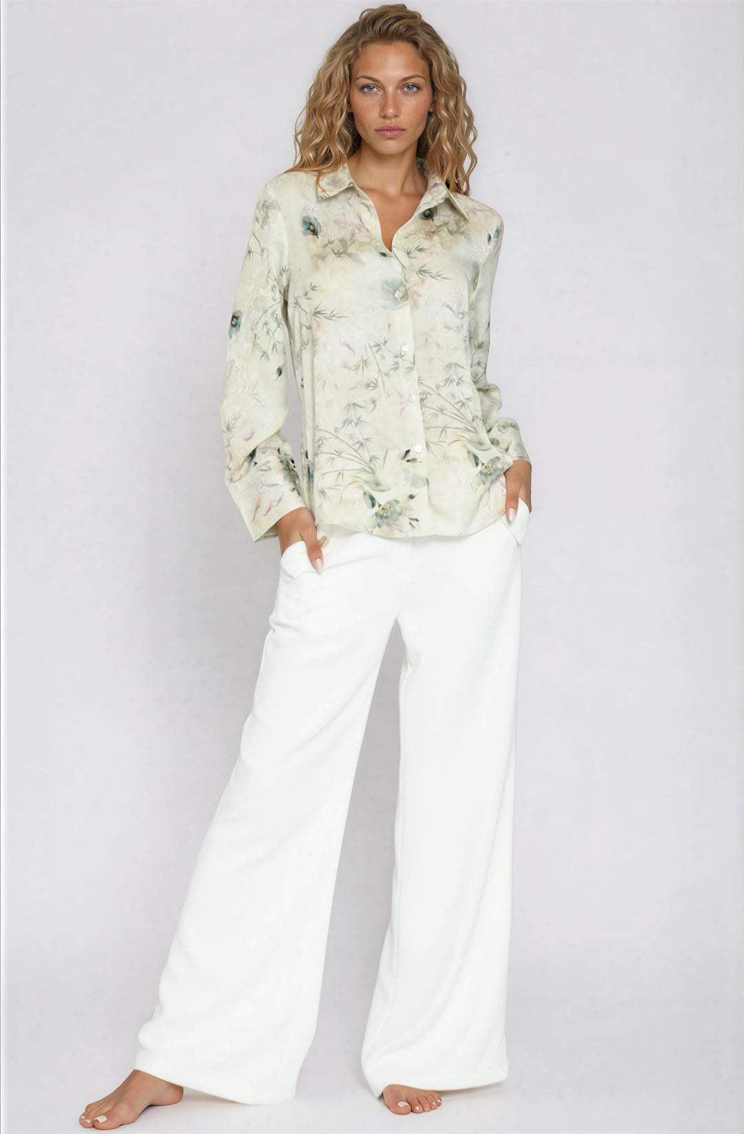 Light green floral button down blouse