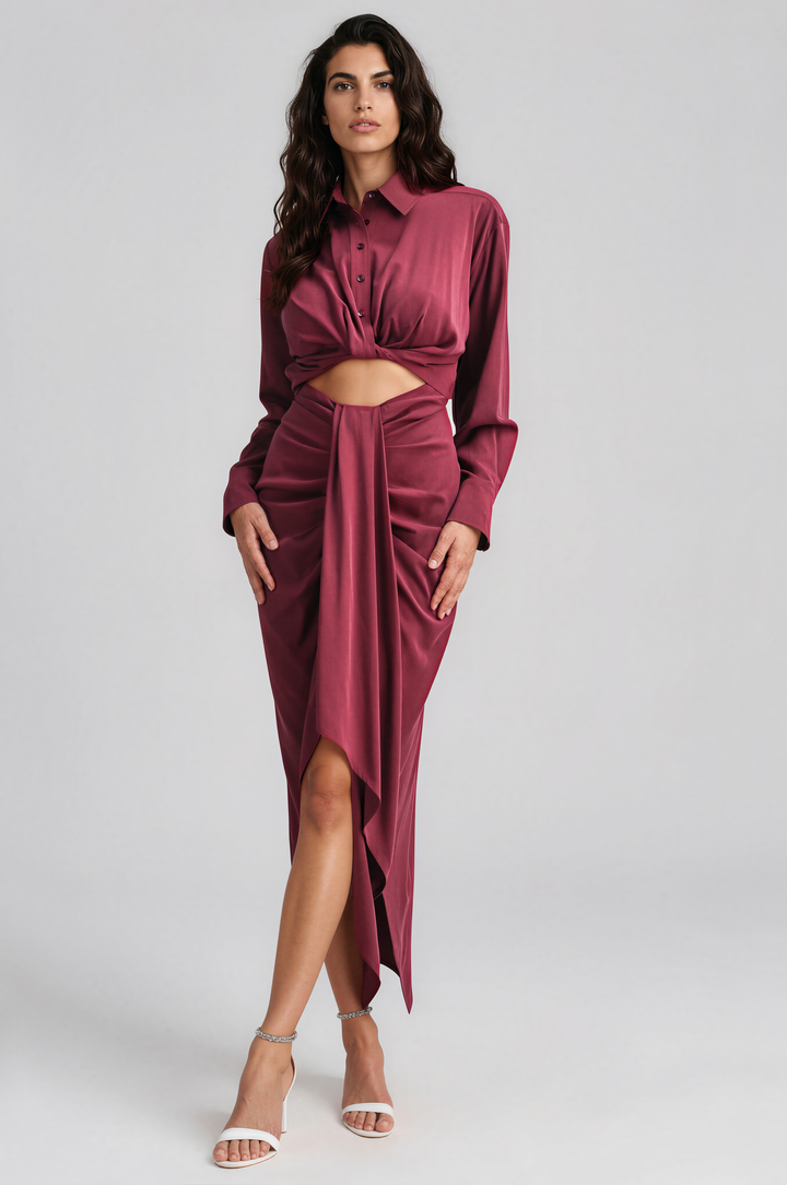red long sleeve midi dress with sash detail and button down front