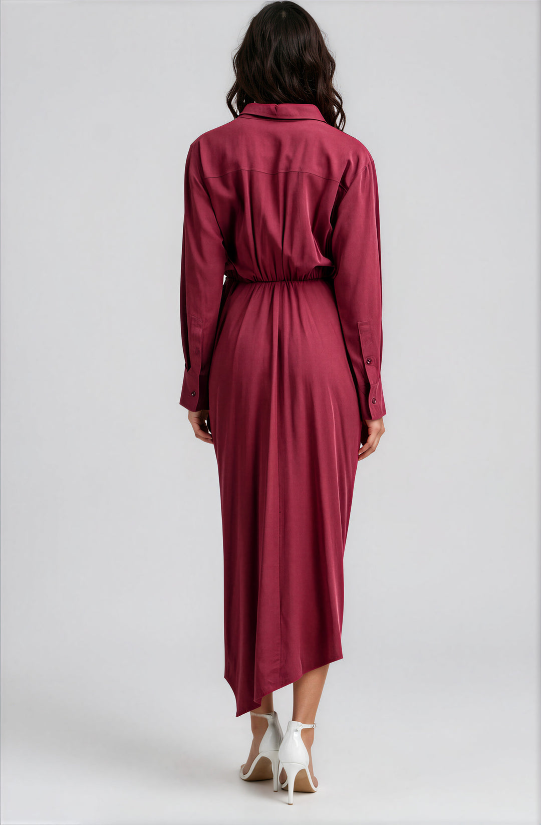 red long sleeve midi dress with sash detail and button down front back view