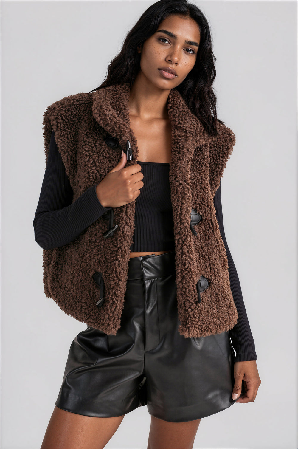 Oversized brown teddy fleece vest with toggle button closures