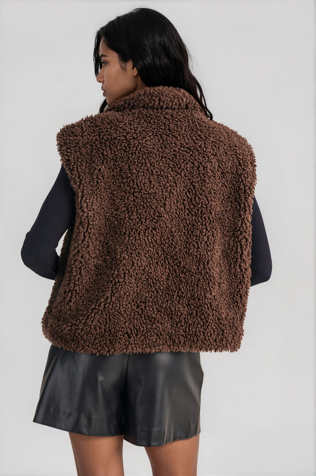 Brown plush fleece vest, texture detail