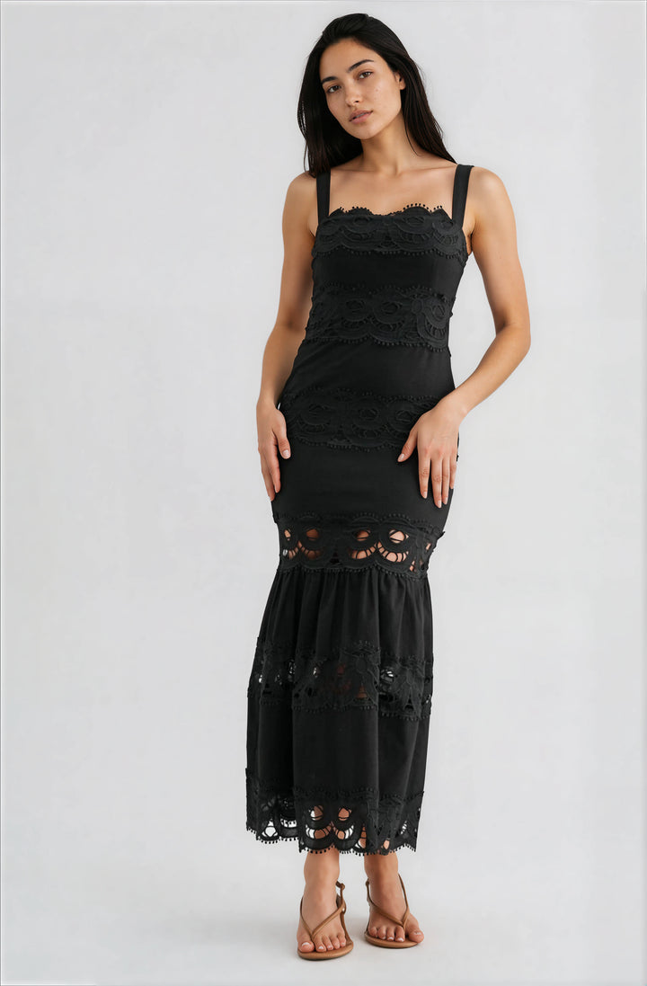 Black lace tiered midi dress