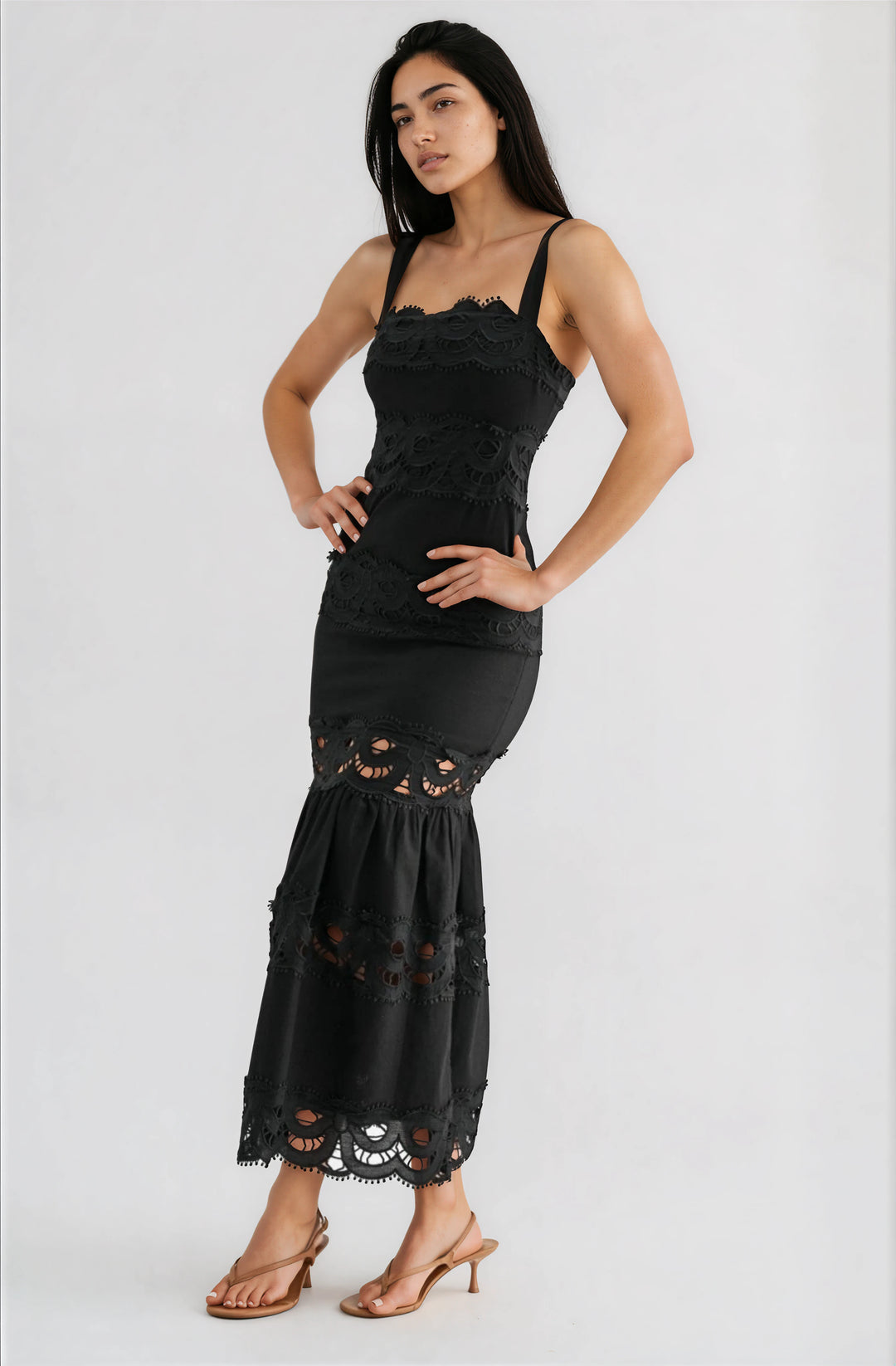 Black lace tiered midi dress