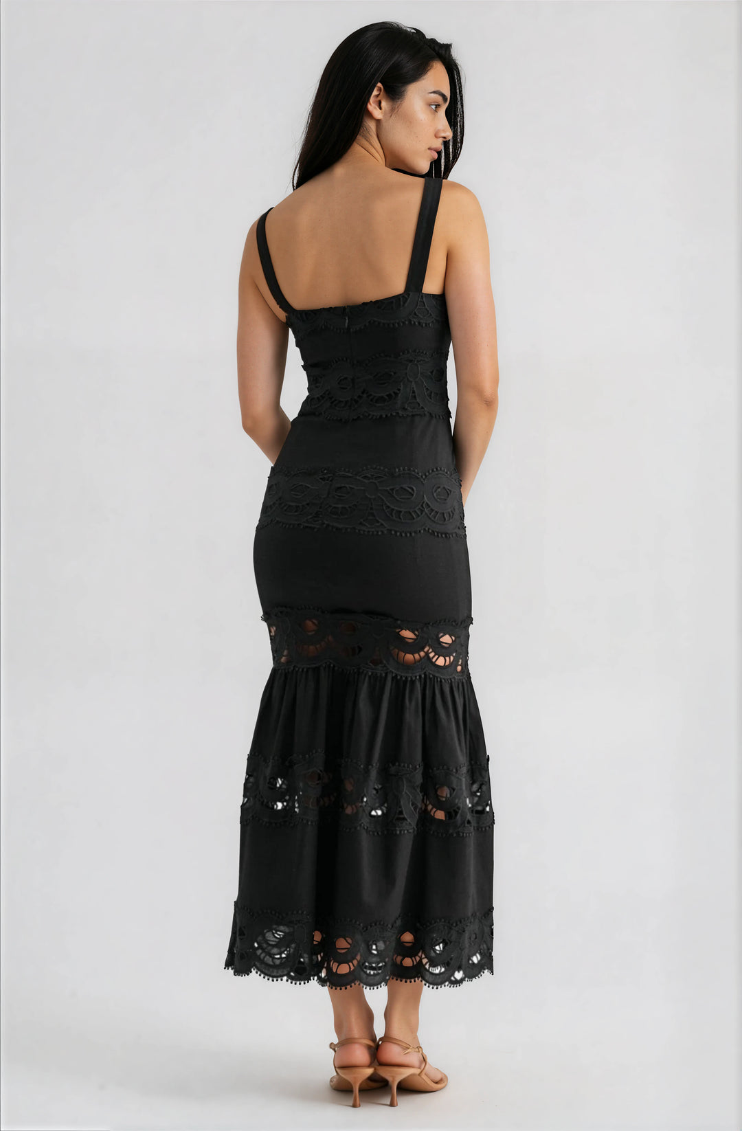 Black lace tiered midi dress