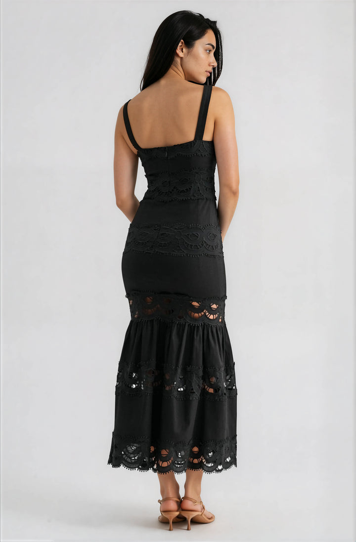 Black lace tiered midi dress