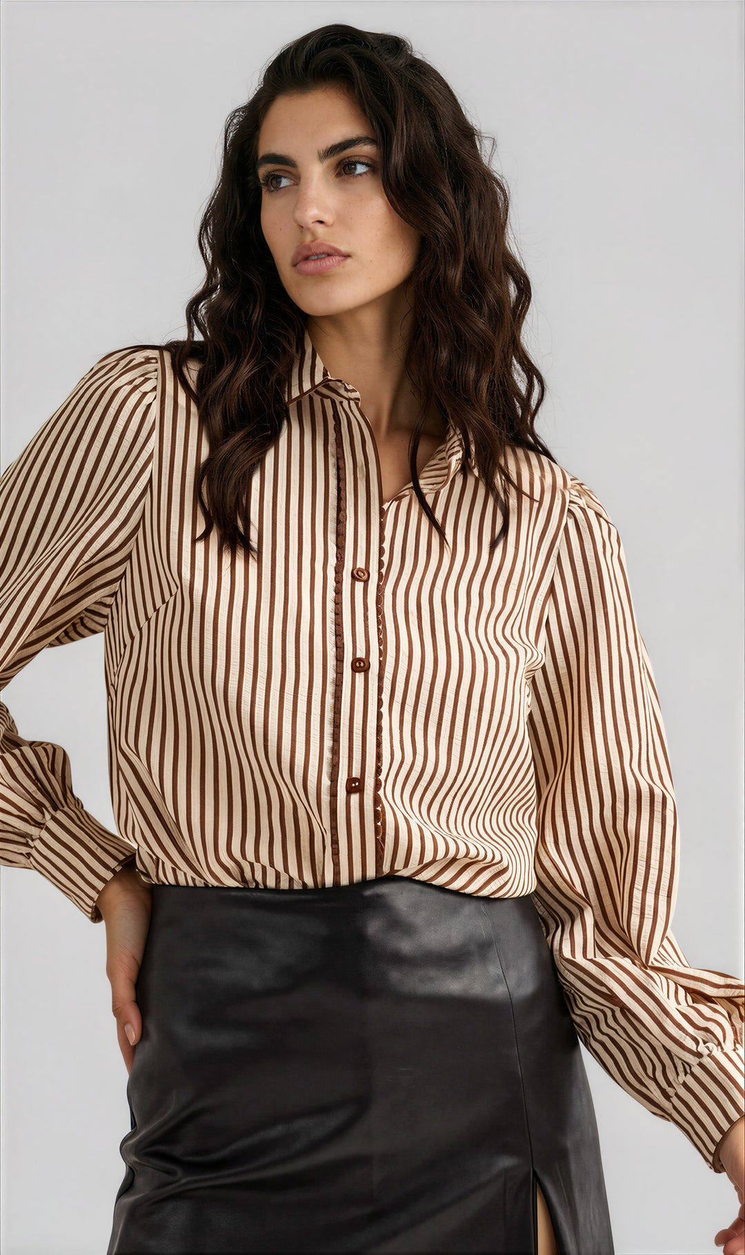 brown and cream button down blouse for office