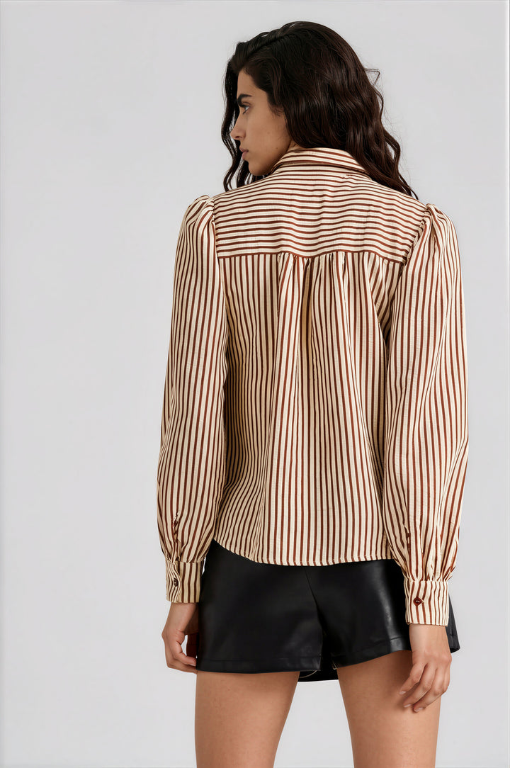 brown and cream button down blouse for office back view