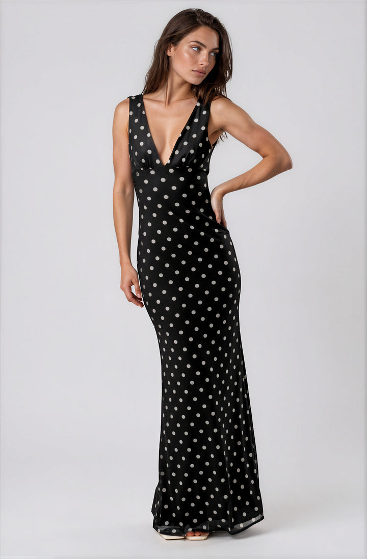 black and white polka dot mesh maxi dress