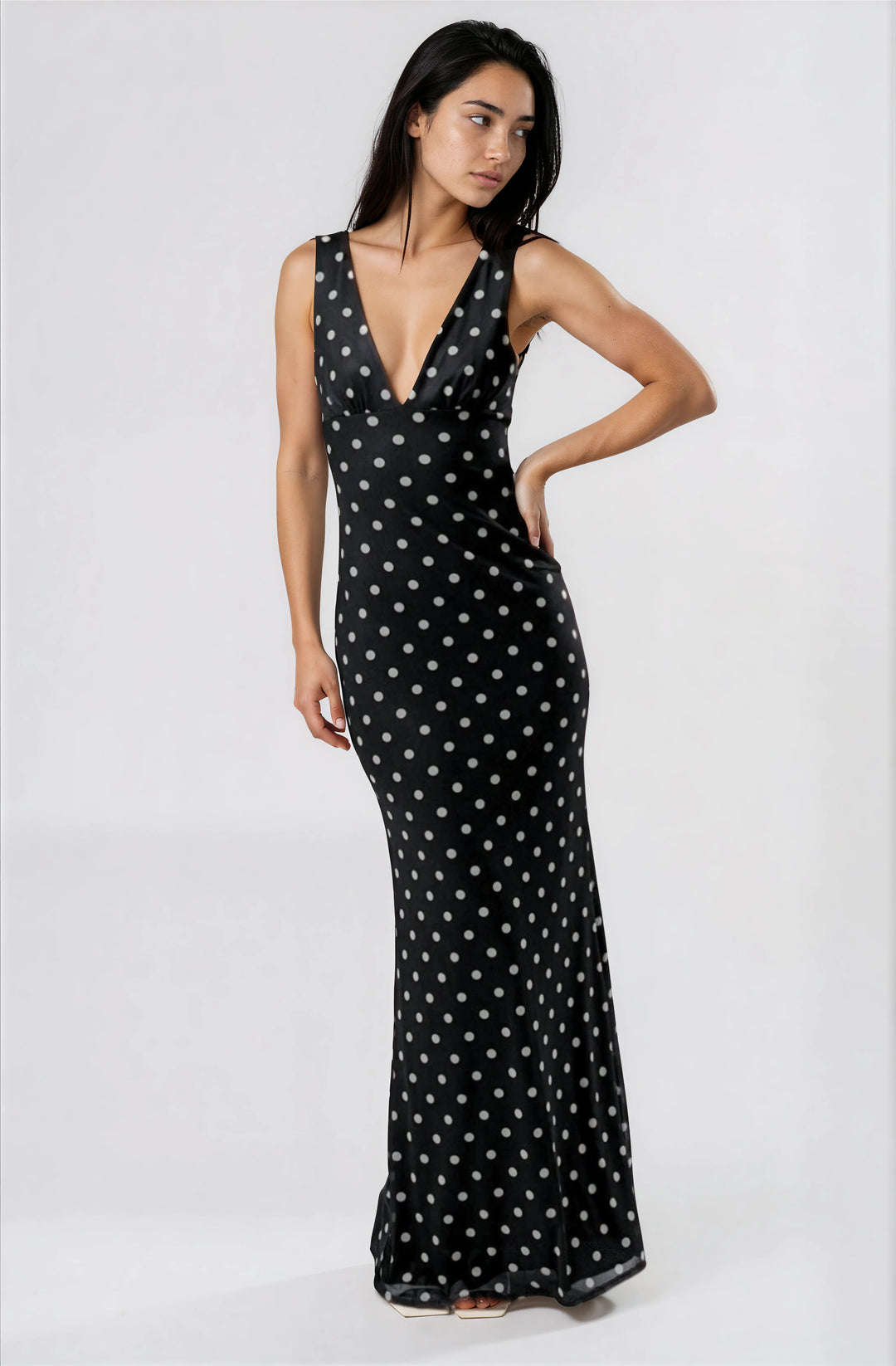 black and white polka dot mesh maxi dress