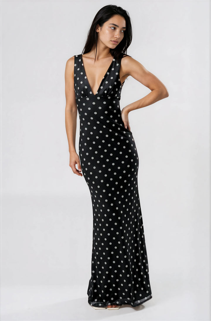 black and white polka dot mesh maxi dress
