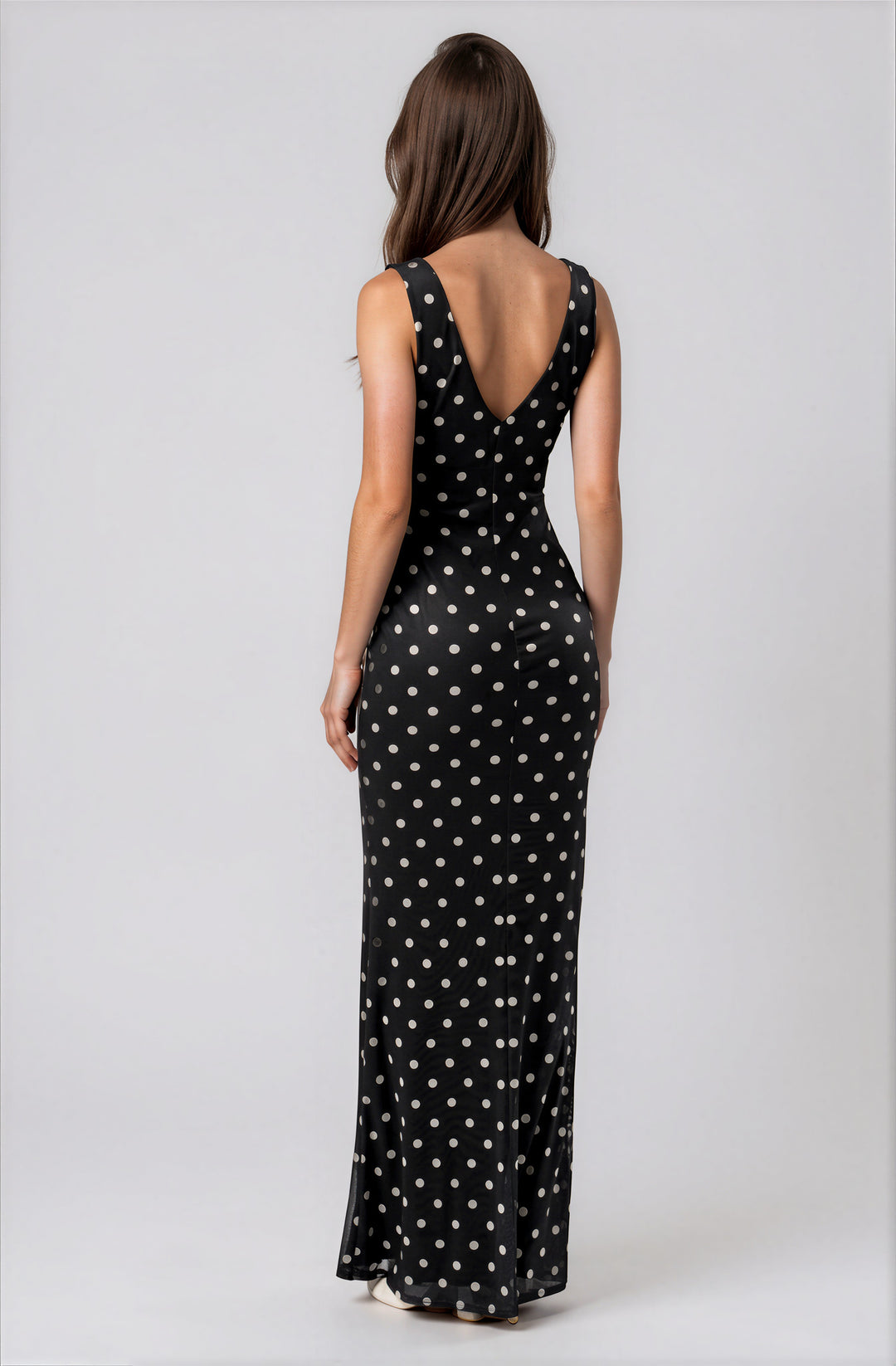 black and white polka dot mesh maxi dress
