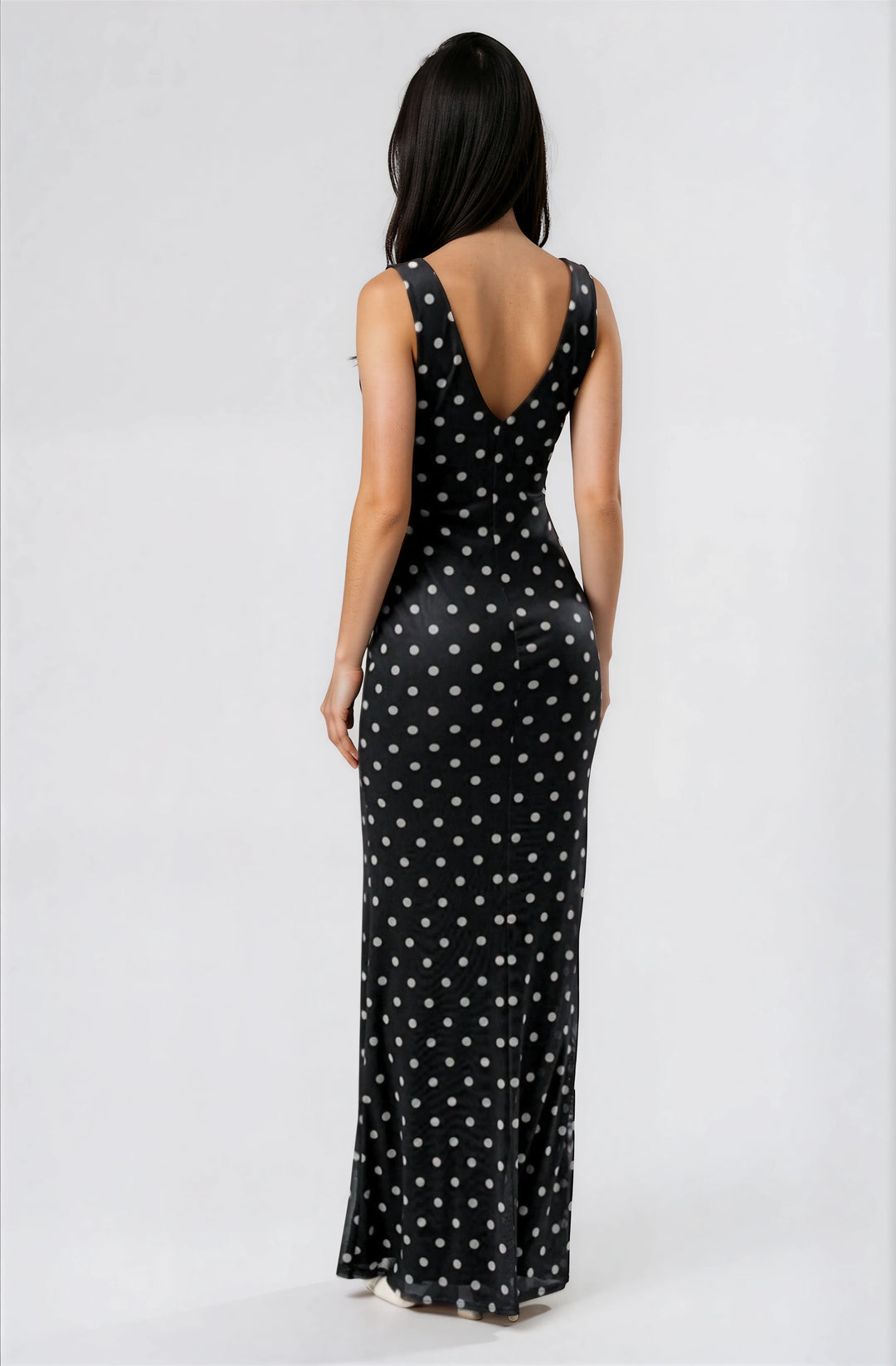 black and white polka dot mesh maxi dress