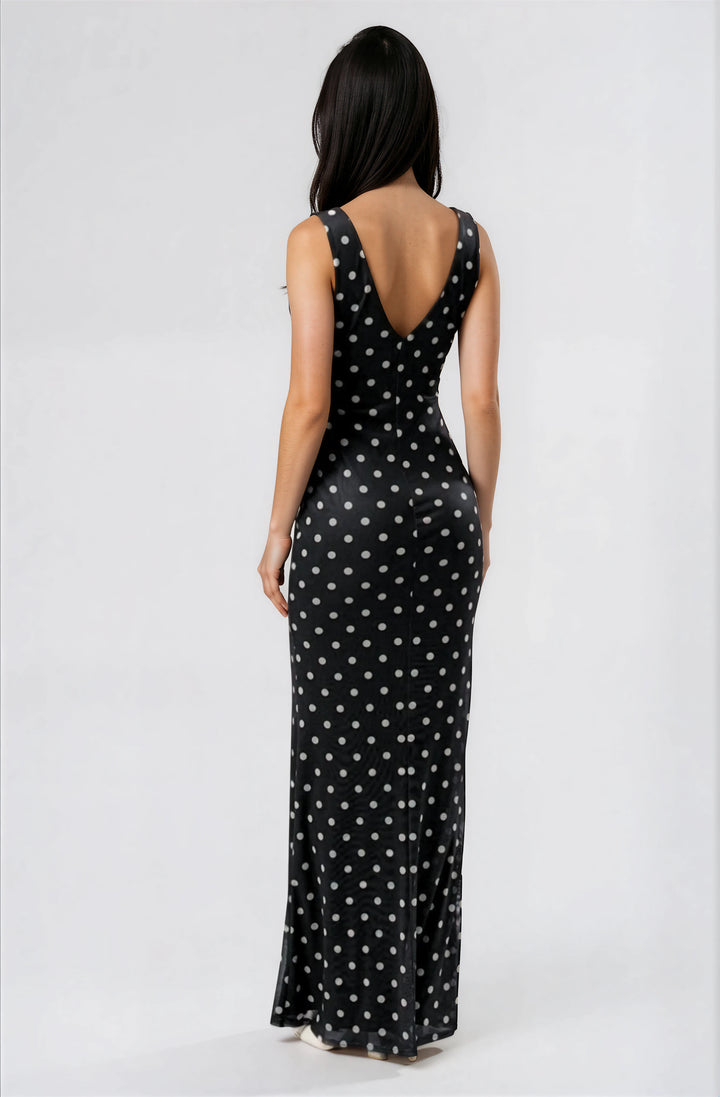 black and white polka dot mesh maxi dress