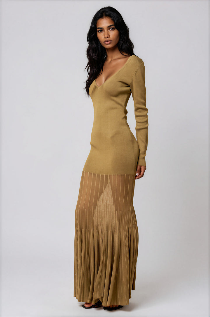 Olive knit long-sleeve maxi dress with a fitted body and sheer pleated fishtail hem, back view