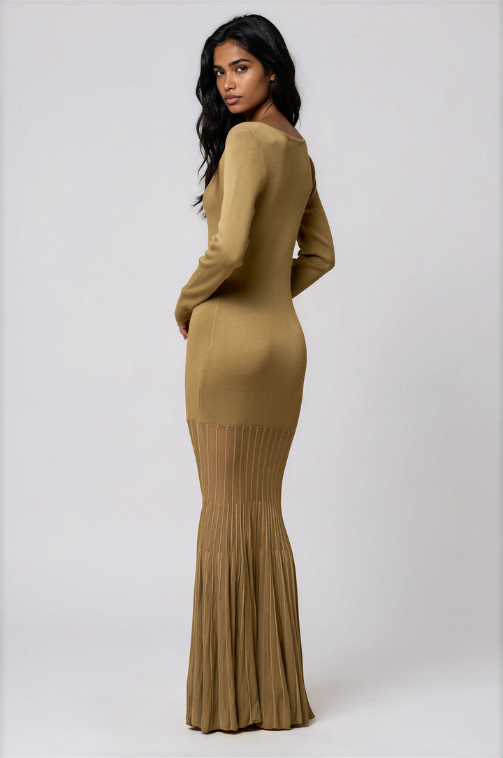 Olive knit maxi dress with a sheer pleated fishtail hem detail