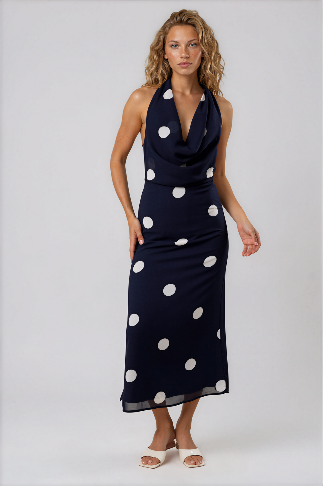 navy polka dot halter dress Navy Blue Polka Dot Halter Maxi Dress – The Salient Collection