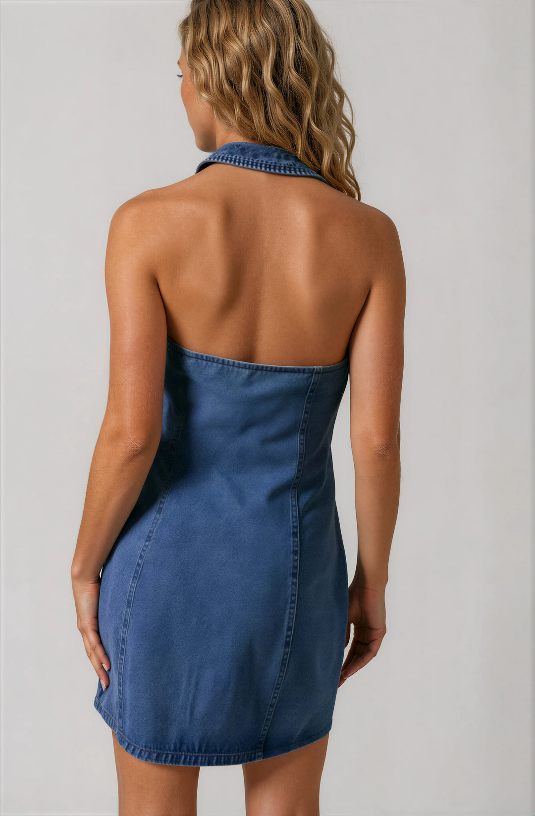 denim halter mini dress with front buttons