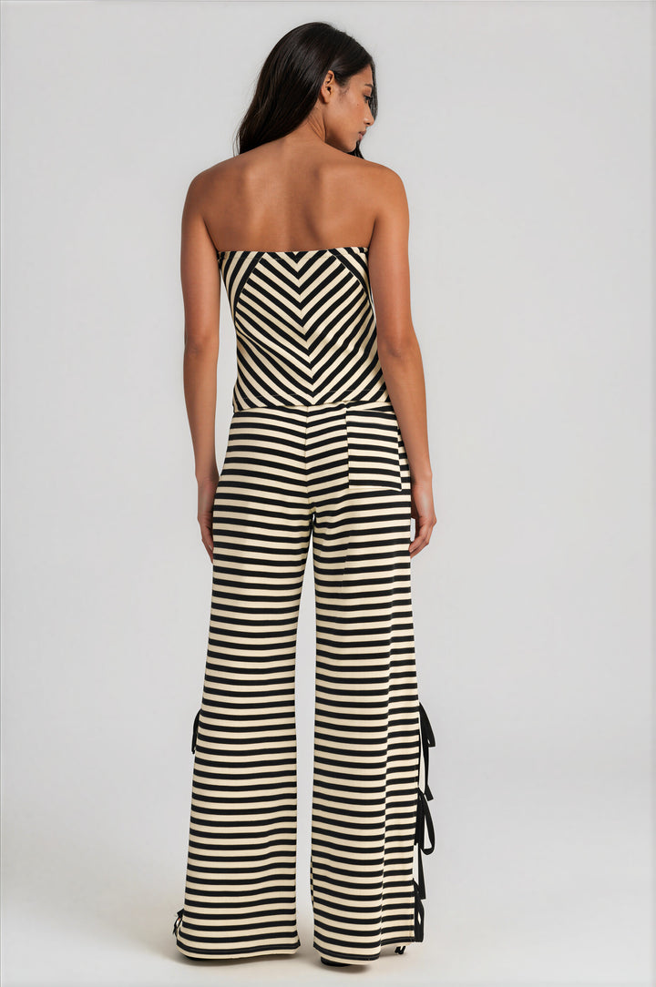 Black and cream striped pants set with strapless top and tassel side ties