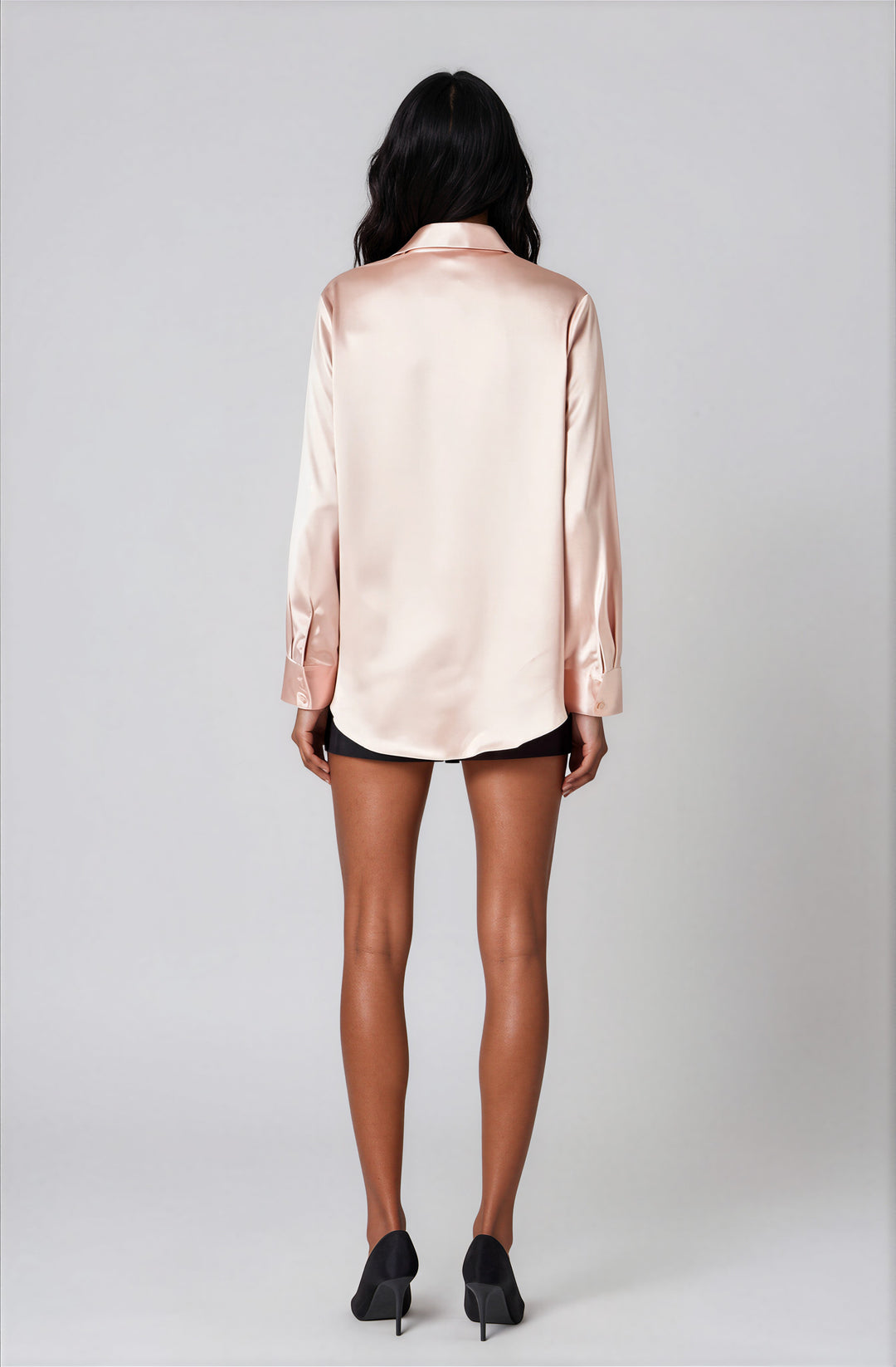 light pink satin button down blouse for work back view