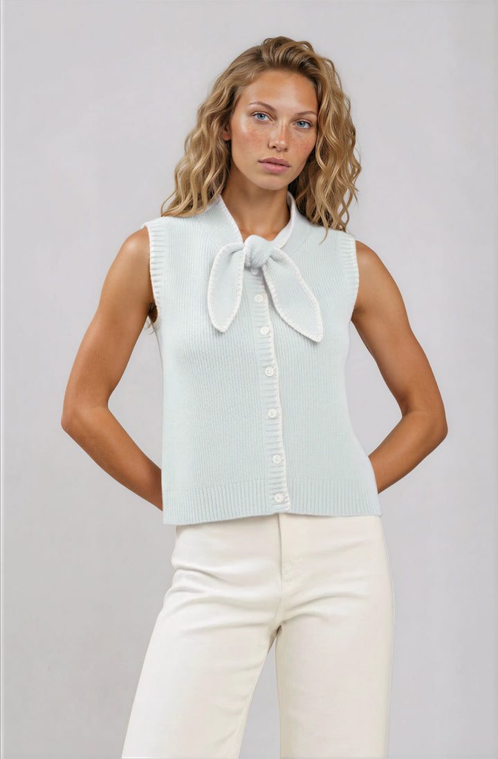 light blue sweater vest with bow neckline