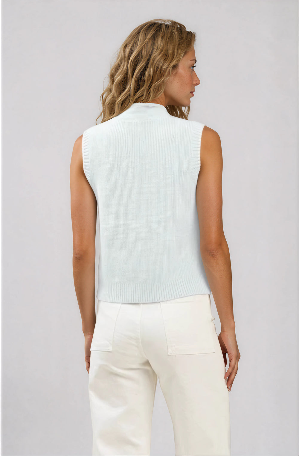 light blue sweater vest with bow neckline back
