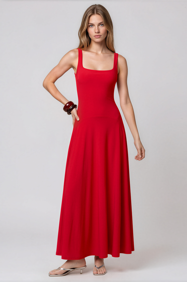 Red square-neck maxi dress with a drop waist and fit-and-flare skirt, front view #color_red