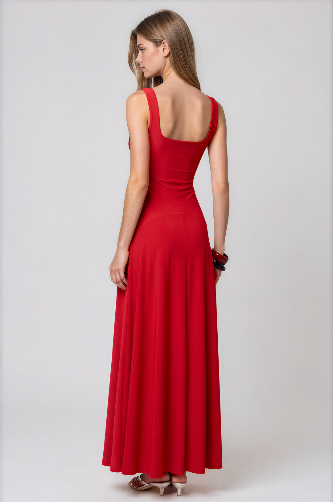 Red square-neck sleeveless maxi dress with a flared floor-length skirt #color_red