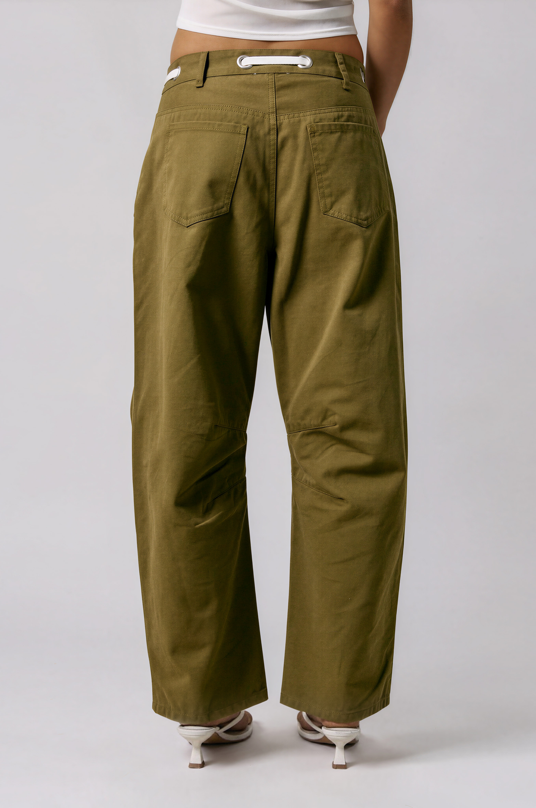 Olive barrel-leg cotton pants with relaxed cropped fit